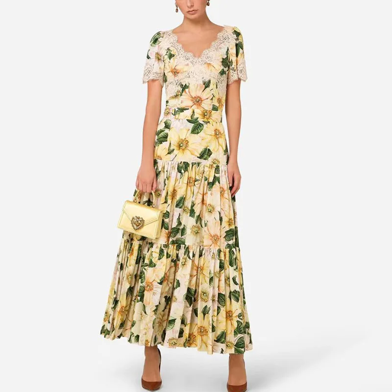 

DEAT Women Color Patchwork Lace Printing Plated Dress New V-Neck Short Sleeve Loose Fit Fashion Tide Spring Summer 2021 7D00454