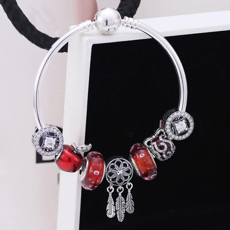 

925 Sterling Silver Retro Dream Catcher Net Beaded Smooth Round Head Bracelet For Christmas Wedding Party Gift Fashion Jewelry