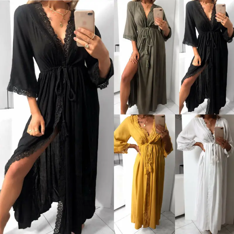 Модный женский кружевной пляжный халат сексуальный шифоновый бандажный