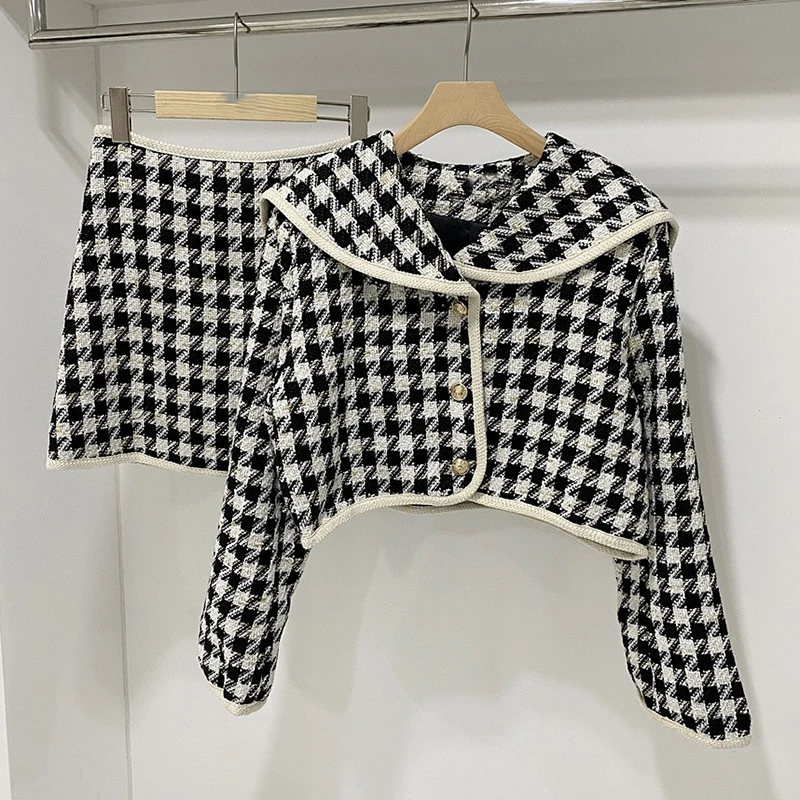 Sungtin Vintage Houndstooth Two Piece Set Women Tweed Mini Bodycon Skirt Suits Lady Elegant Cropped Jacket Plaid Korean Chic |
