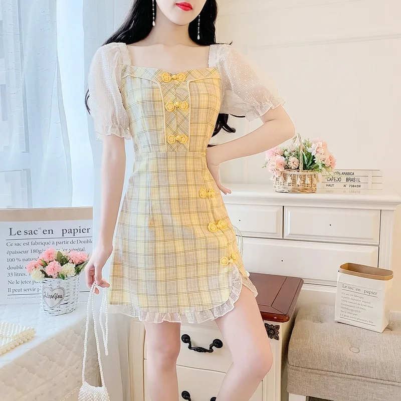 

Modern Women's Retro Plaid square neckSmall fragrant wind Improved New Girl Cheongsam Plaid Dresses Fresh and sweet Super Fairy