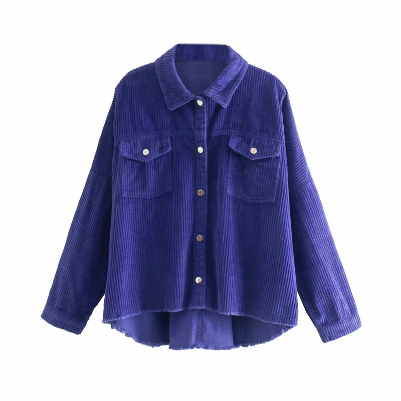 Женское вельветовое пальто Tangada фиолетовое Свободное с отложным воротником и