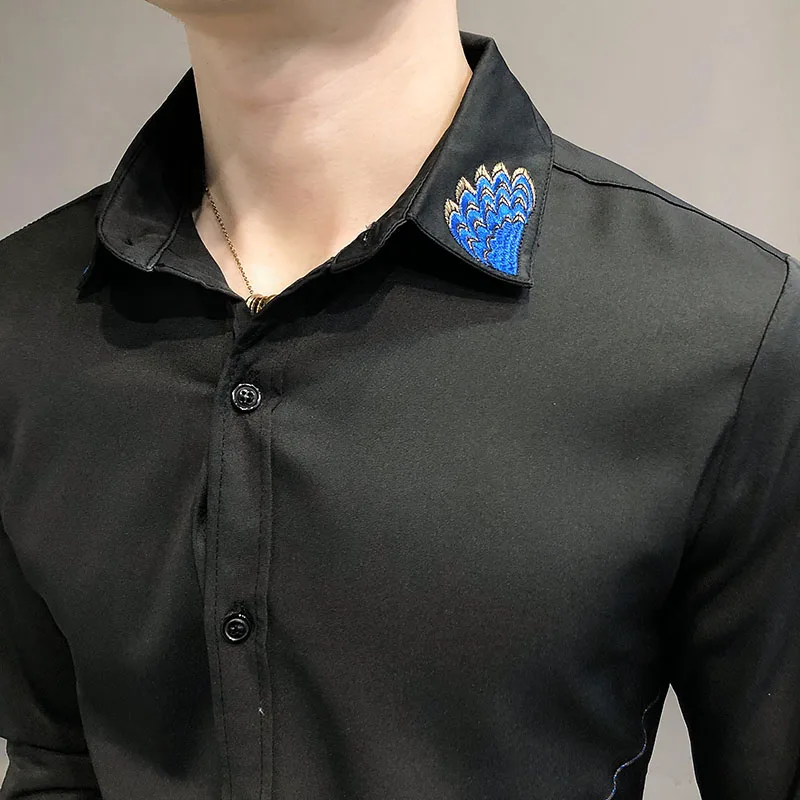 

Shirts for Fashion Men Neckline Embroidery Man Business Formal Dress Shirts Long Sleeve Slim Fit Social Streetwear Chemise Homme