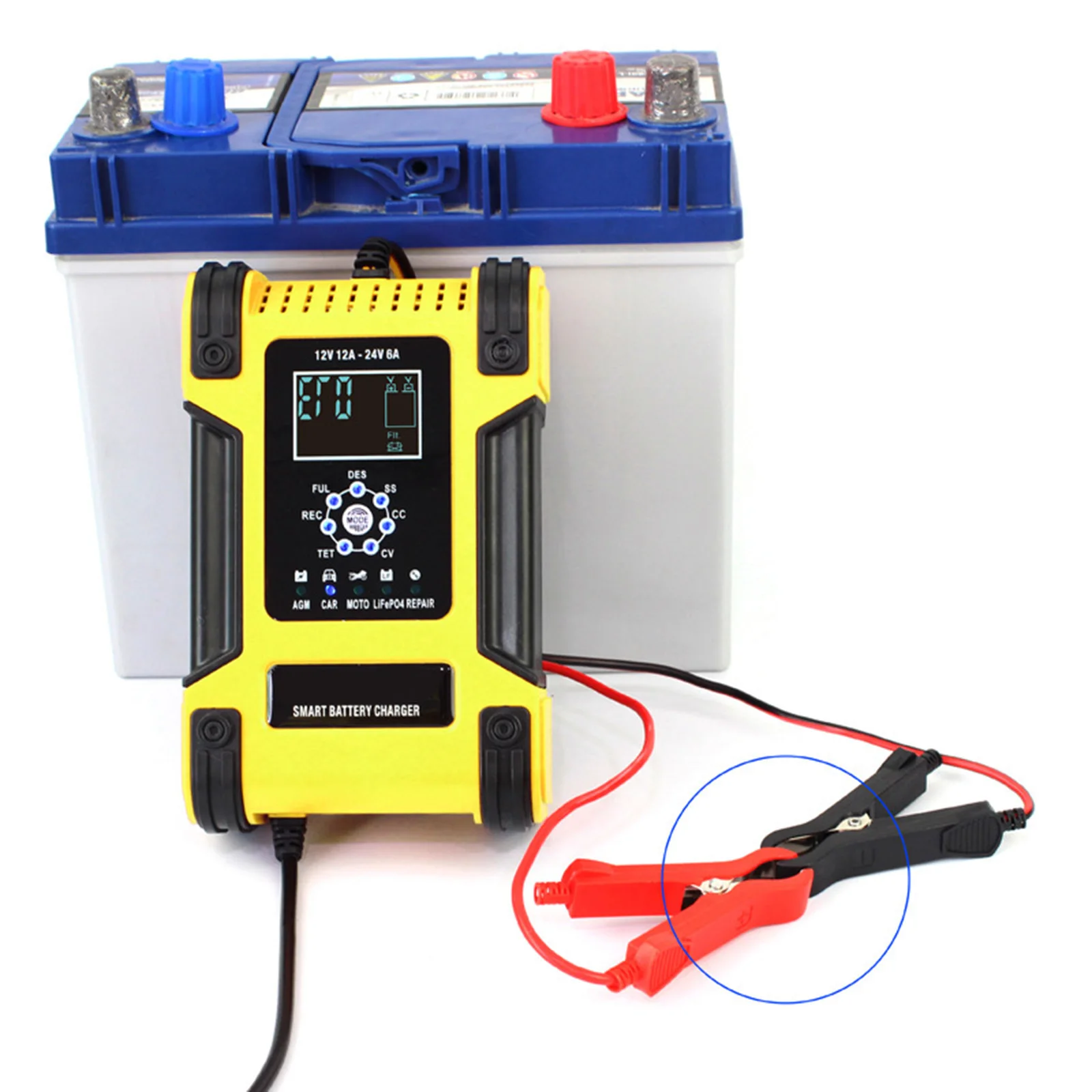 

7 Stage Smart Car Battery Charger 12V 24V 12A Motorcycle Truck Full Automatic LiFePo4 Gel AGMWith LCD Display