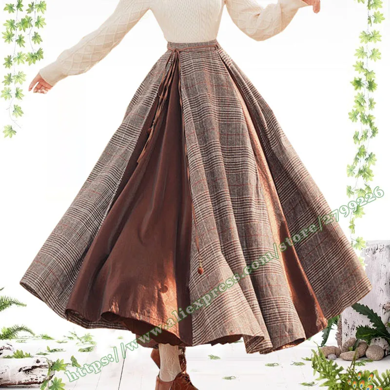 Female Retro Vintage Style Fashion Woolen Plaid Stitching High Waist Umbrella Long Skirt Two 2 Piece Set / Two Sets Women Skirts