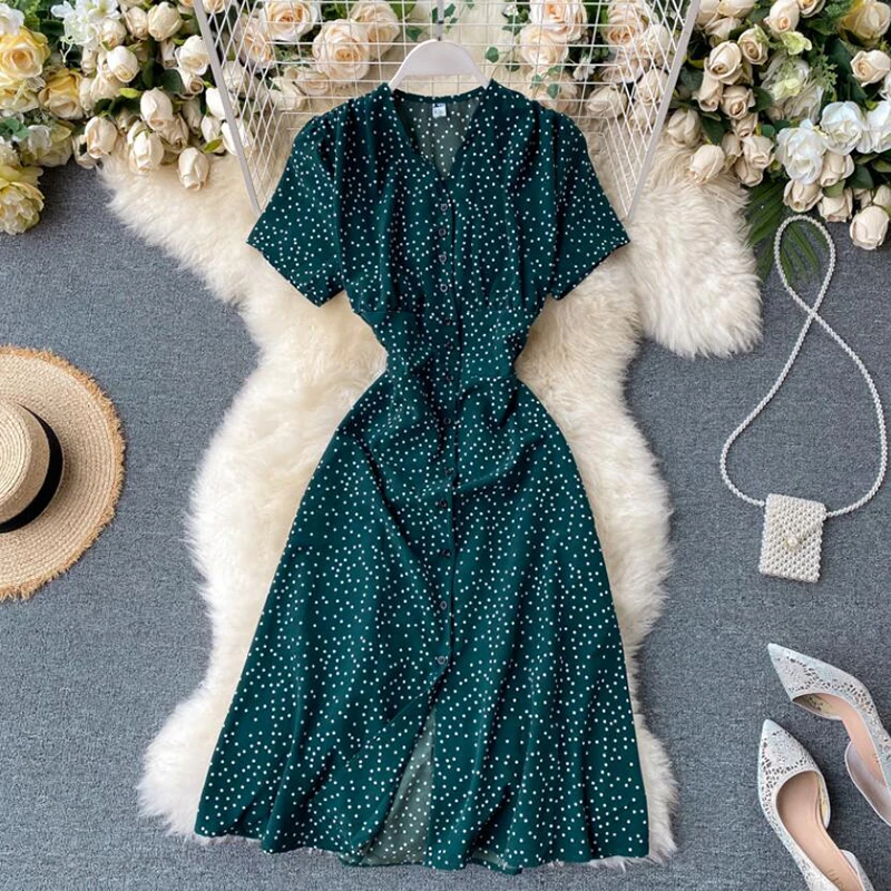 

2020 New V Neck Polka dot print Summer Dress Elegant Party chiffon Dress Women Single-breasted Casual High Waist Vestidos