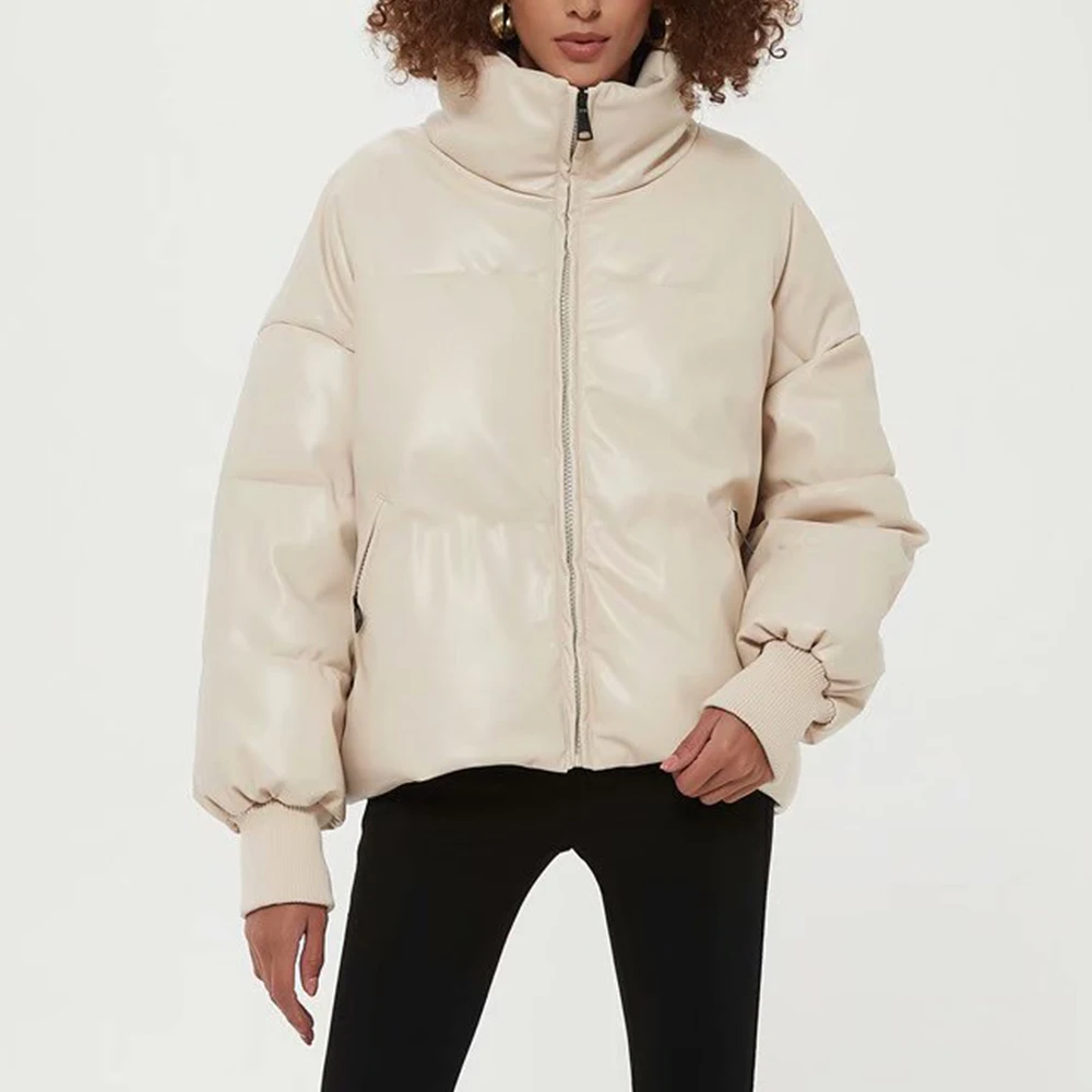 

Fashion 2021 New Women Autumn Winter Faux Leather Cotton Jacket Coat Stand Collar Zipper Loose Warm Parka Streetwear Jackets