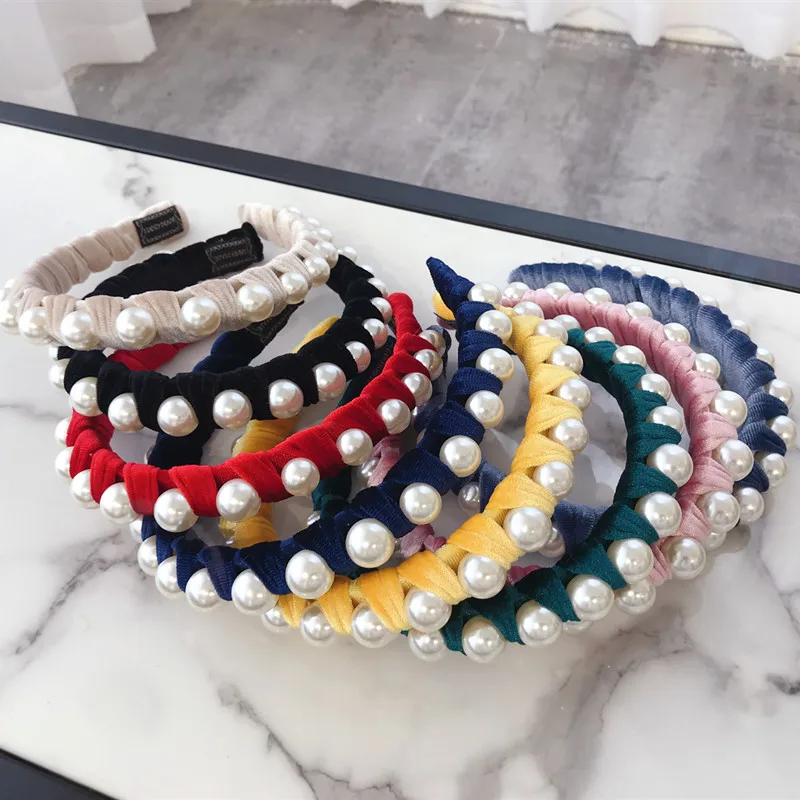 

Band Gold Wide-brimmed Headwear Headband Wrapped Pearls Women's Accessories Boutique Fashion