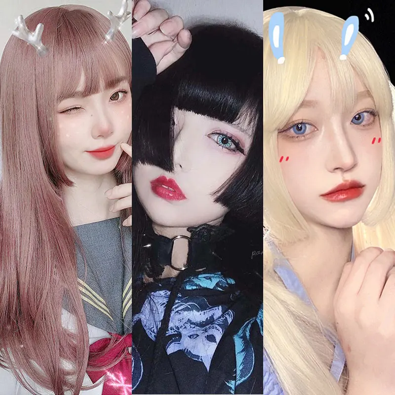 Hime Cut hairstyle 55cm Long Wig Straight Hair Pink Blonde Gray Black Wig for Woman Girls Cosplay Wig Hair Extension MUMUPI