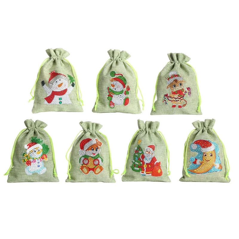 

7Pcs Christmas Candy Bags Burlap Bag With Drawstring DIY Diamond Painted Art Christmas Gift Bag For Child's Xmas Favors
