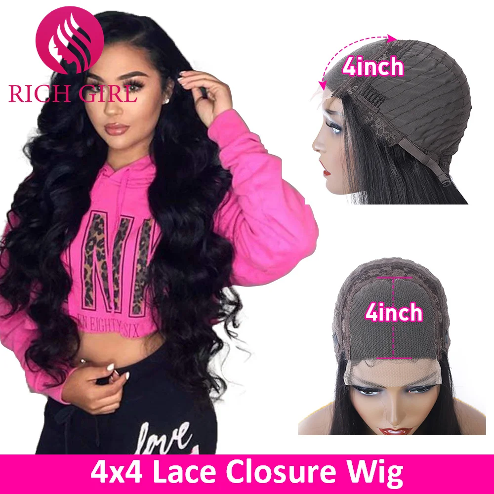 Richgirl 4x4 Body Wave Lace Closure Human Hair Wigs Peruvian Human Hair Lace Closure Wig For Woman Remy 250 Density Lace Wigs
