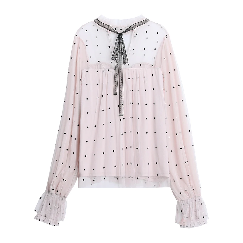COIGARSAM Casual Patchwork blouse women New Spring Polka Dot Chiffon Loose Mesh blusas womens tops and blouses Pink 8777 | Женская