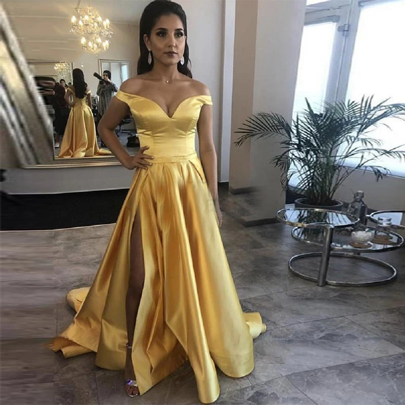 

Sexy Prom Dresses 2020 Off The Shoulder Yellow Satin Side Split Evening Party Gowns A Line Women Formal Dress for Graduation