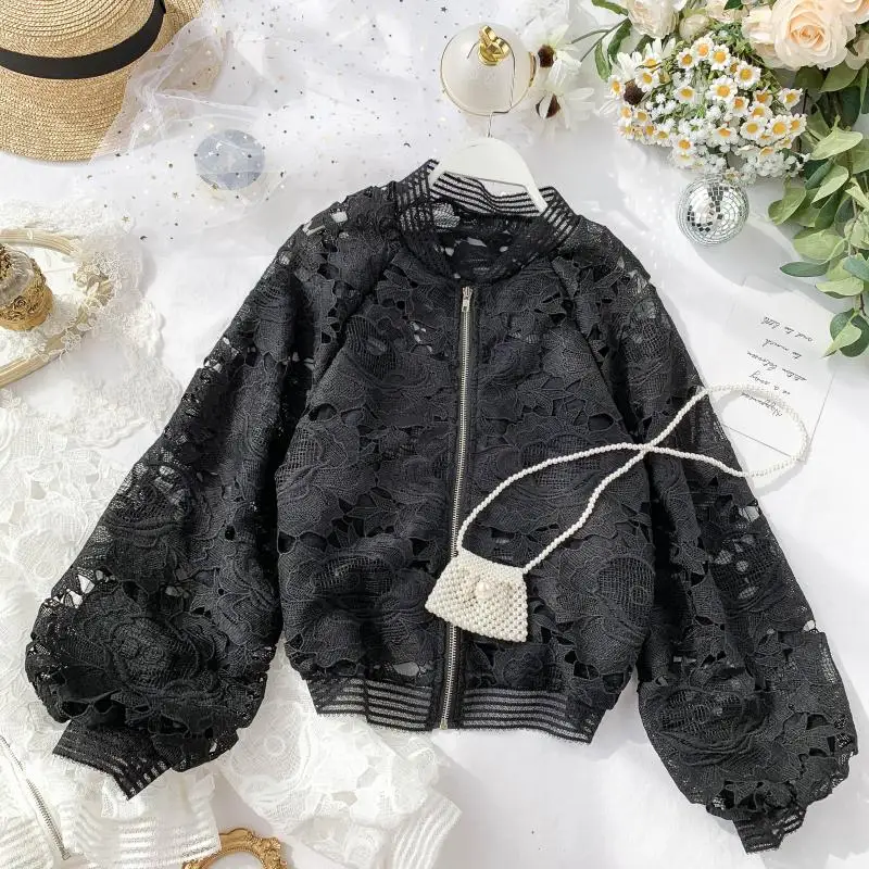 2019 Новая модная женская куртка Женская французская ретро Фонарь рукава ажурная