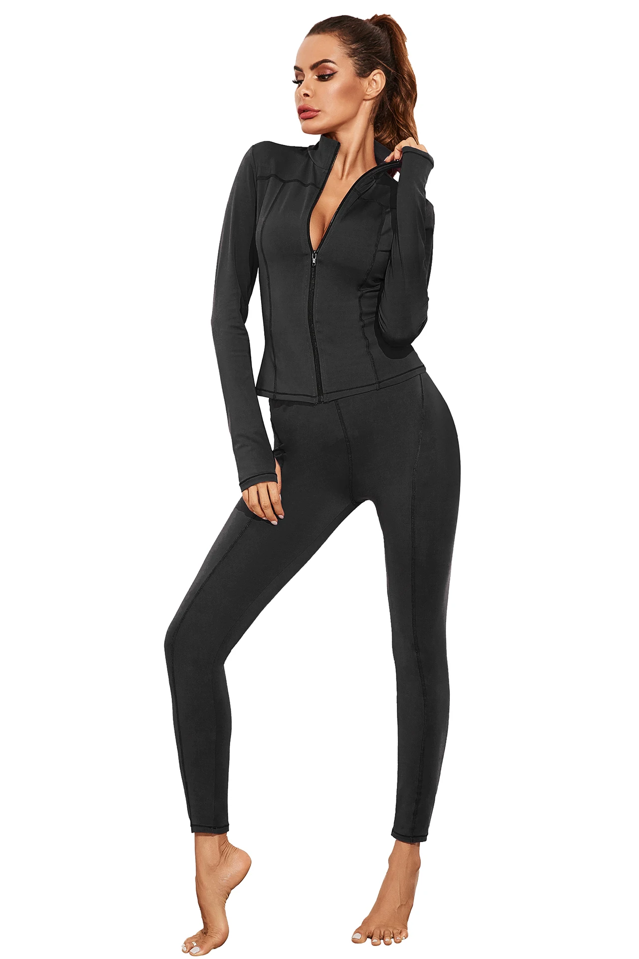 Костюм для йоги из двух предметов с воротником стойкой на молнии|Комплекты йоги| |