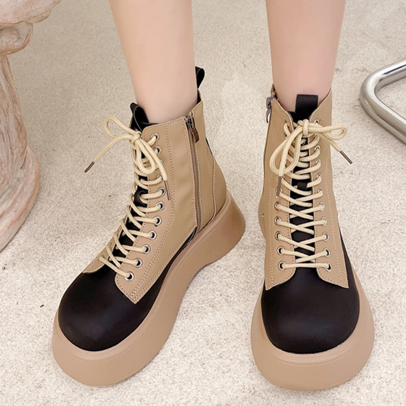 

Женские мотоциклетные ботинки Goth, Дизайнерские ботильоны из искусственной кожи на среднем массивном каблуке, со шнуровкой, новинка осенне-...