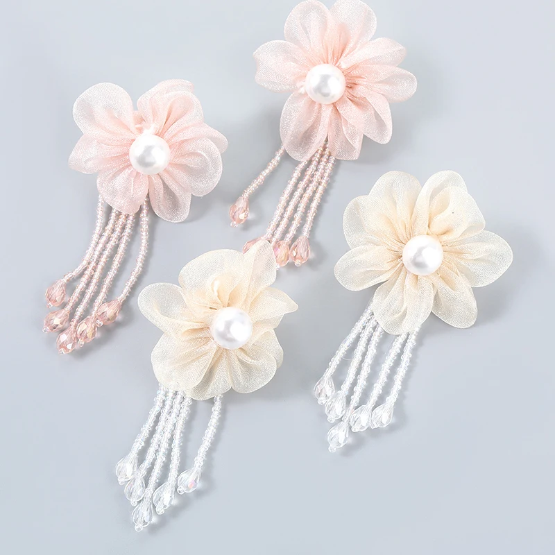 

Winter Cute Pink Flower Dangle Earrings Imitation Pearls Beaded Long Tassel Earrings for Women Party Jewelry