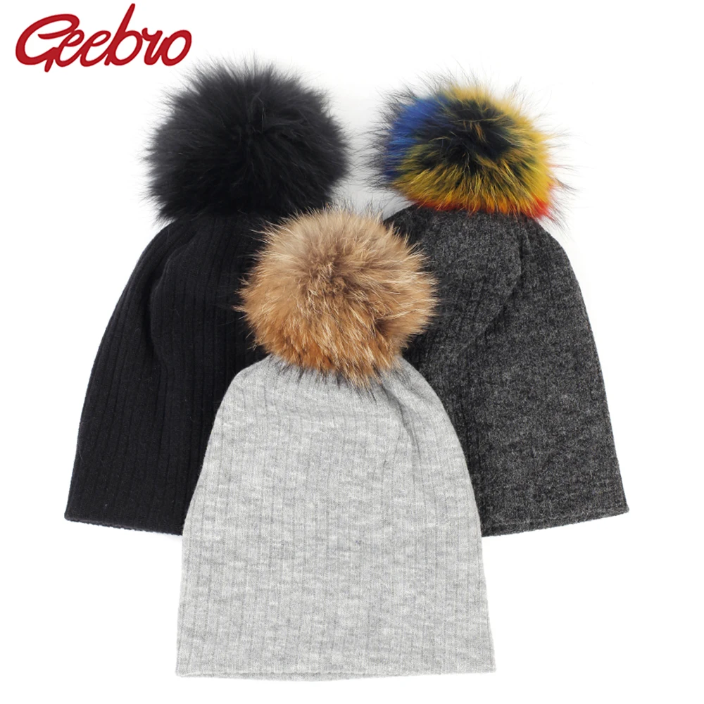 

Geebro модная весенне-зимняя Осенняя Шапка-бини в рубчик хлопковые шапки с черепом для взрослых женские шапочки теплые с помпоном из натуральн...