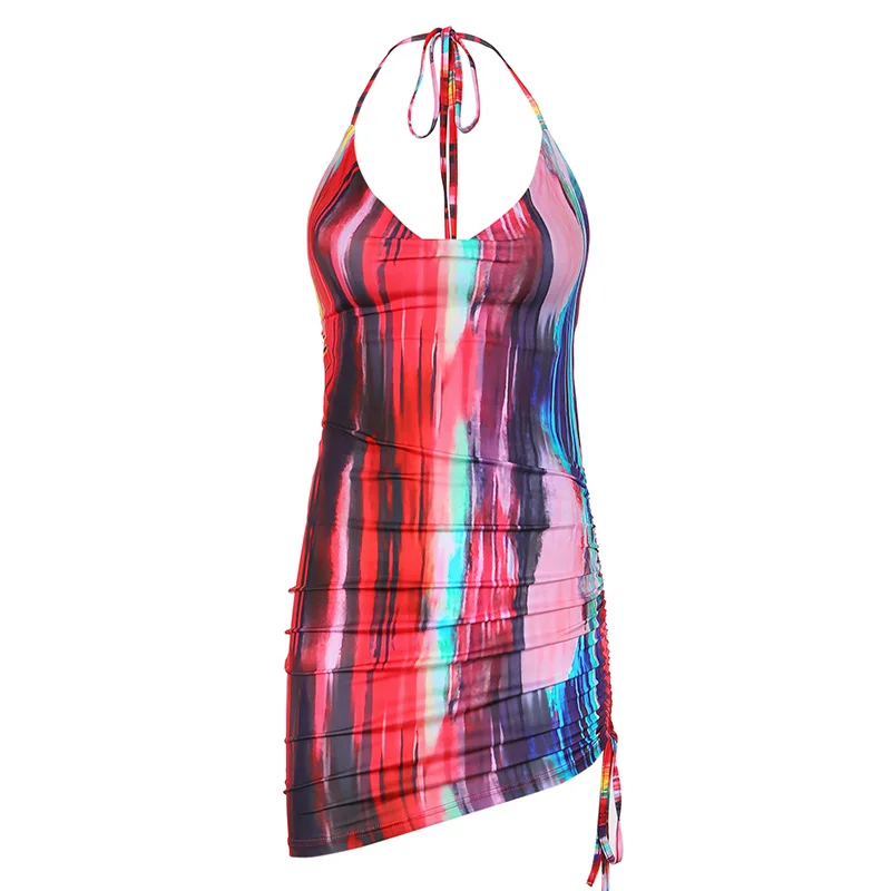 

Lace Up Halter Mini Dress Striped Mixed Color Sundresses 2021 Summer Women's Dress Sexy Backless Nightclub Wear Clothing Women