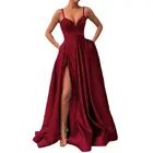 Соблазнительное длинное атласное платье-макси FAKUNTN 2021 с V-образным вырезом, разрезом, открытой спиной, рюшами, в пол, вечерние платья без рукавов