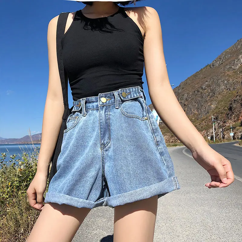 

Women Loose Denim Shorts Female Short Jeans Summer 2020 Student Ladies Joker Loose Adjust Waist Wide Leg Hot Shorts Plus Size