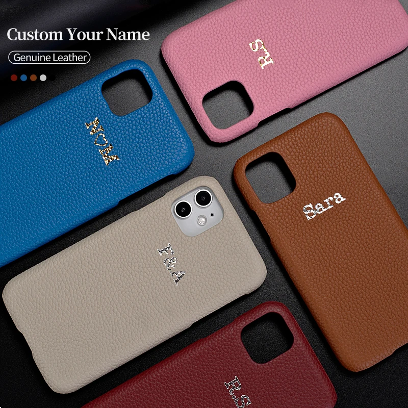 

Personalise Custom Pebble Grain Real Leather Gold Initial Name Phone Case For iPhone14 14ProMax 14Plus 13Promax 13 Phone Cover