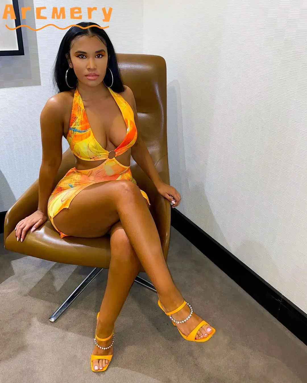 

Women Plus Size Printed Plunge V-neck Halter Hollow Out Bodycon Mini Dress