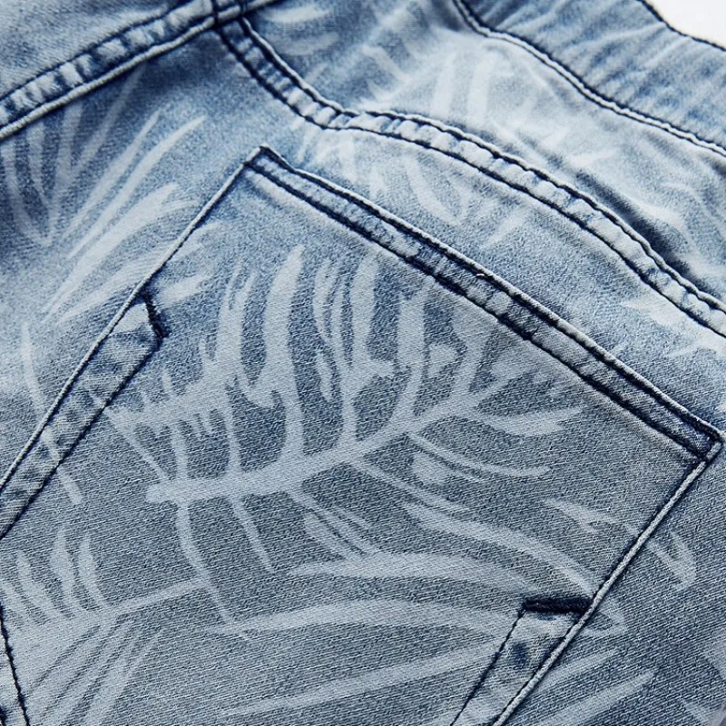 

Summer New Men Denim Shorts Casual Print Straight Knee Length Pants Street Zipper Blue Short Jeans Slim Pocket Elastic Shorts