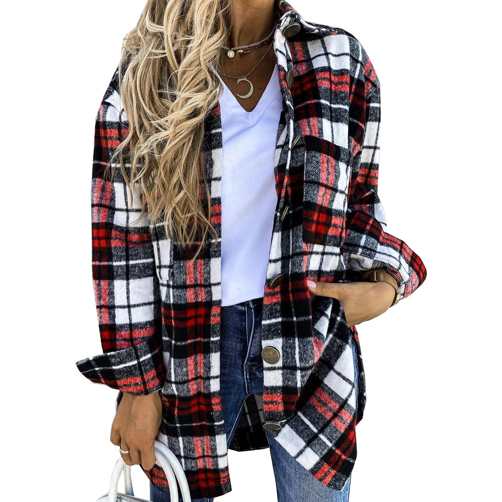 

Women Loose Plaid Cardigan, Adults Single-breasted Long Sleeve Lapel Shirt with Pockets