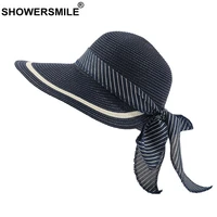 showersmile women cap summer beach straw hat bowknot sun visor ladies straw hat elegant ladies black vacation sunscreen hat