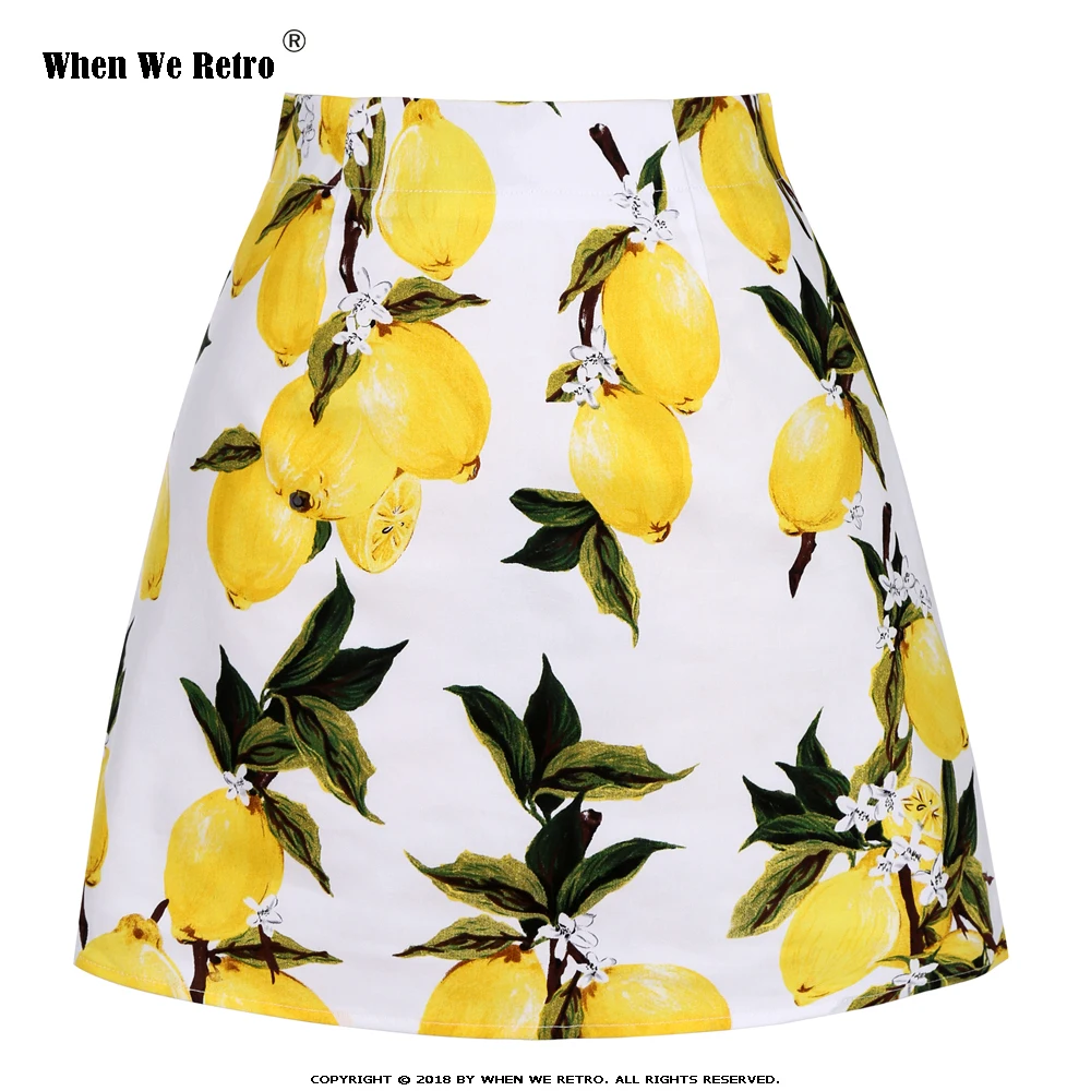 Women Ladies Yellow Lemon Print Summer Mini Skirt SS0008 Vintage High Waist Plus Size Fruit Floral Cotton falda corta | Женская одежда
