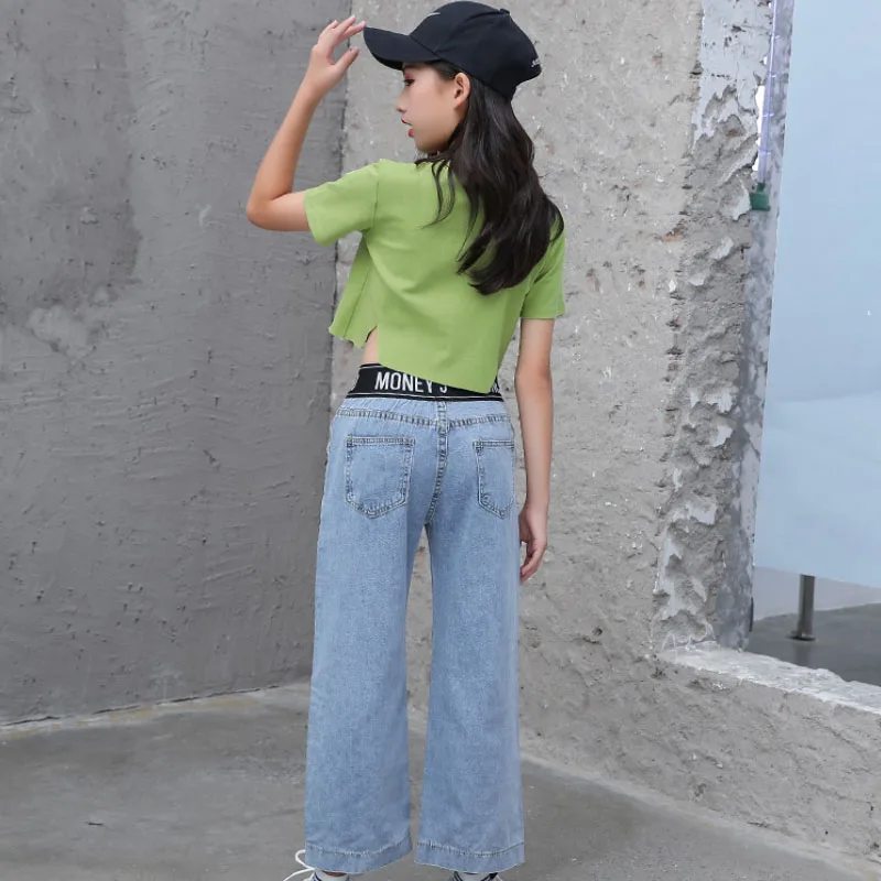 

4-12Age girl summer fashion two-piece letter printed short-sleeved sweatshirt T-shirt + distressed jeans Korean quality clothing