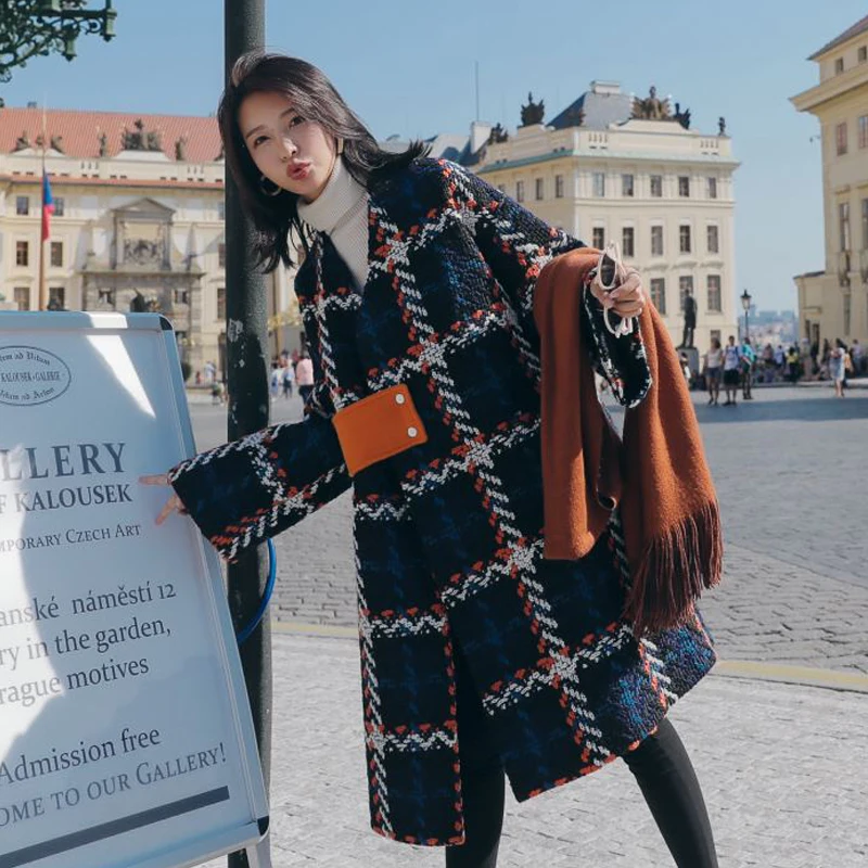 Винтажное твидовое длинное шерстяное пальто для женщин утолщенная теплая зимняя