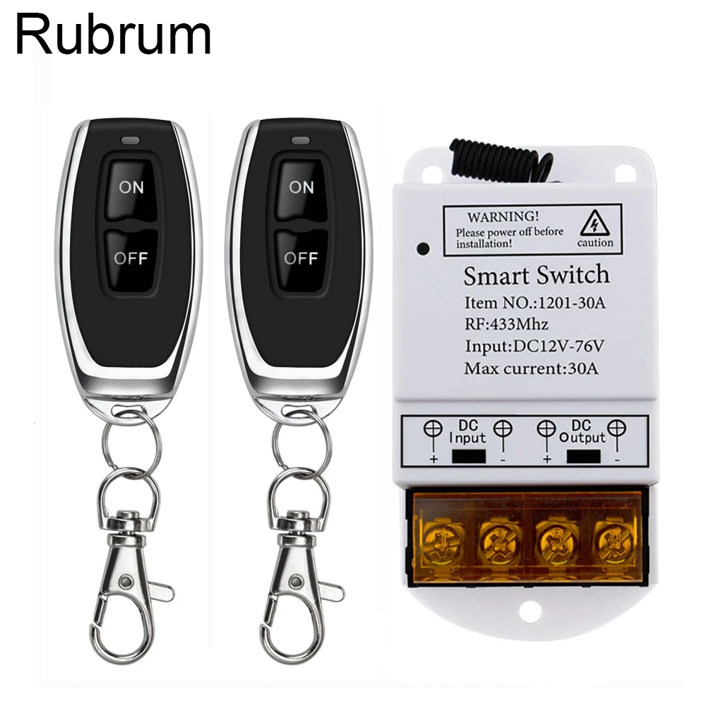 Релейный приемник Rubrum, 433 МГц, 30 А, 1 канал, 12 В, 24 В, 72 В постоянного тока, дистанционный переключатель и передатчик для автомобильного водяного насоса, регулятор мощности
