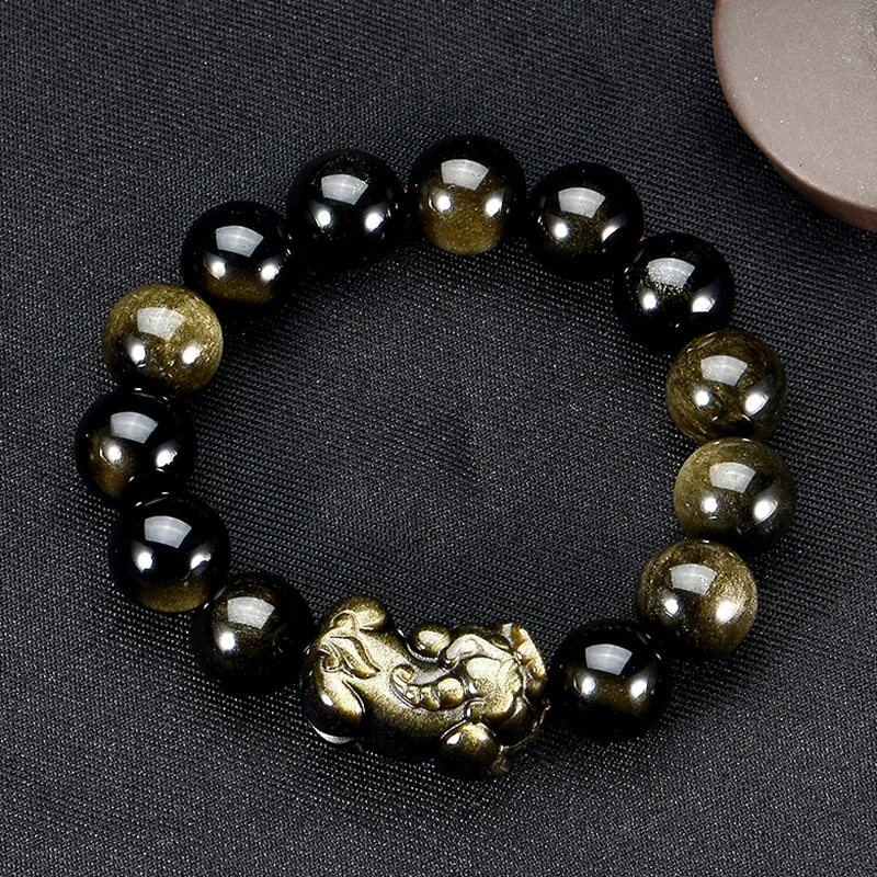 

Natural Gold Obsidian Wealth Pixiu Elastic Bracelet Men Women Pulsera Feng Shui Hand-carved Brave Troops Lucky Amulet Bracelets