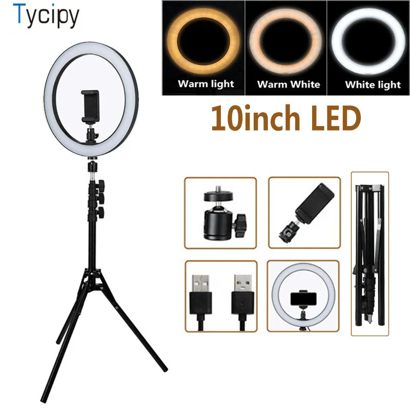 Tycipy 10 дюймов 120 шт Светодиодная кольцевая лампа 2700K ~ 5500K фотостудия с 1 6 м штатив