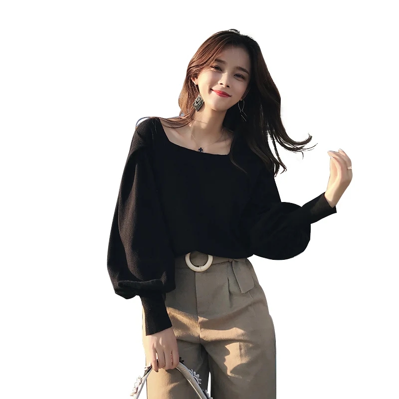 2019 MISHOW Autumn vintage Knitted sweater for women fashion causal Square collar Lantern sleeve short tops MX18C5196 | Женская одежда