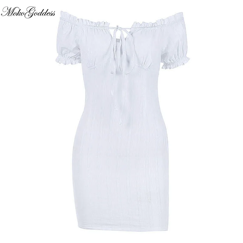 

MokoGoddess Lantern Sleeve Bandage Dress Cotton Linen Butterfly Neck Sexy Casual Elegant Short 2020 Summer Sweet Women Dresses