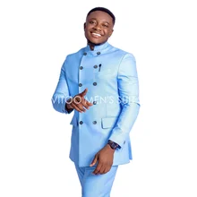 Traje de dos piezas para hombre, traje Formal de estilo indio, azul cielo, con cuello levantado, doble botonadura/Slim Fit, Blazer + Pantalones, para boda (3)