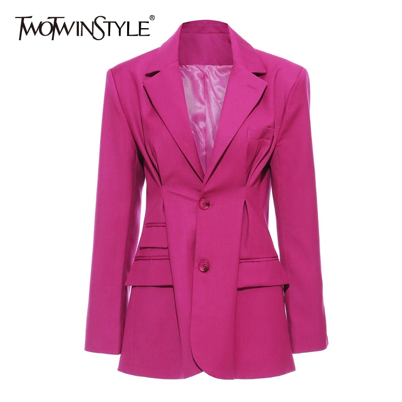 

TWOTWINSTYLE Elegant OL Style Blazer For Women Lapel Collar Long Sleeve Tunic Loose Ruched Suit Female Fashion Clothing 2020 New