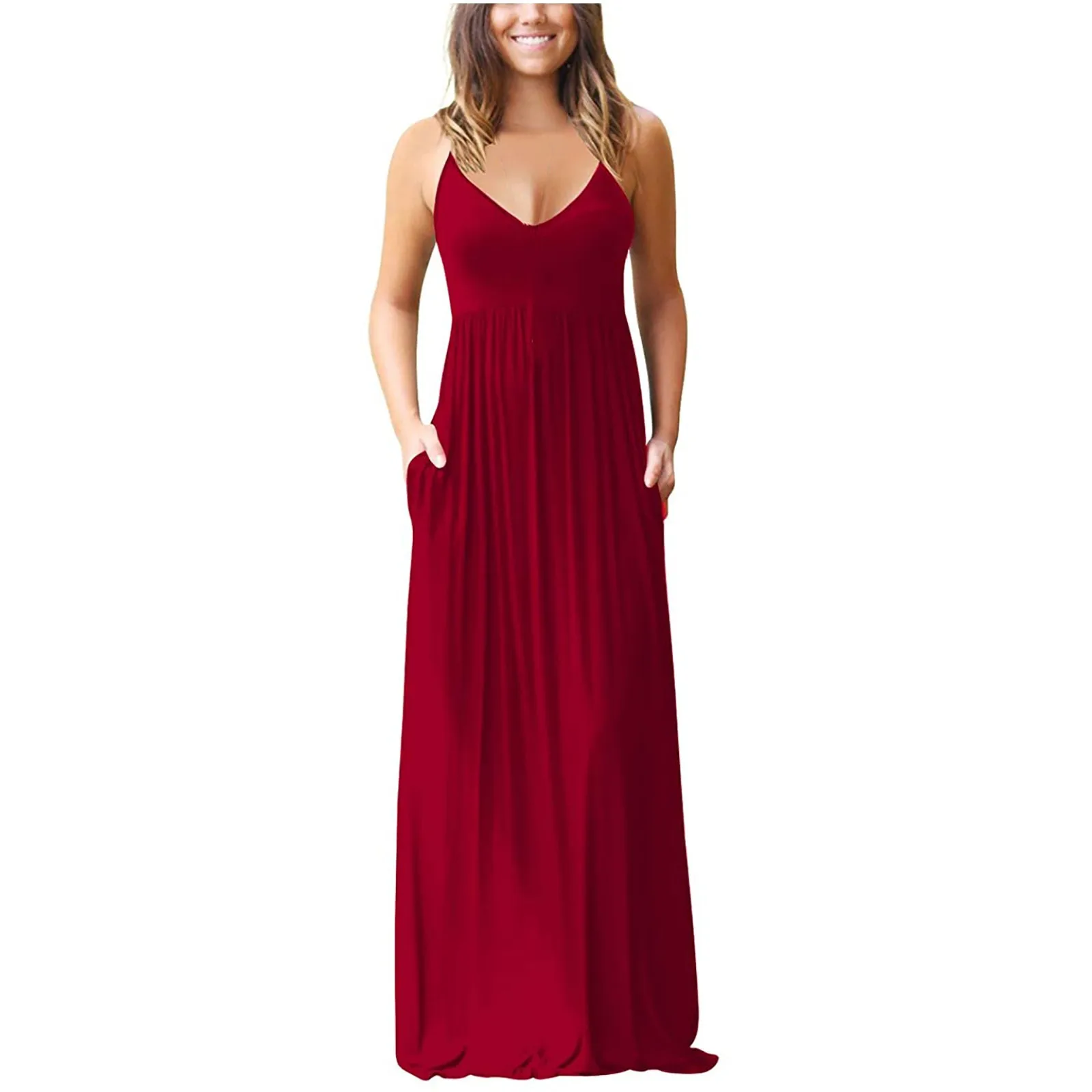 

Women Sleeveless Solid V-neck Maxi Dress Summer Party Cami Dress with Pockets Printed dress long skirt solid color etiquette