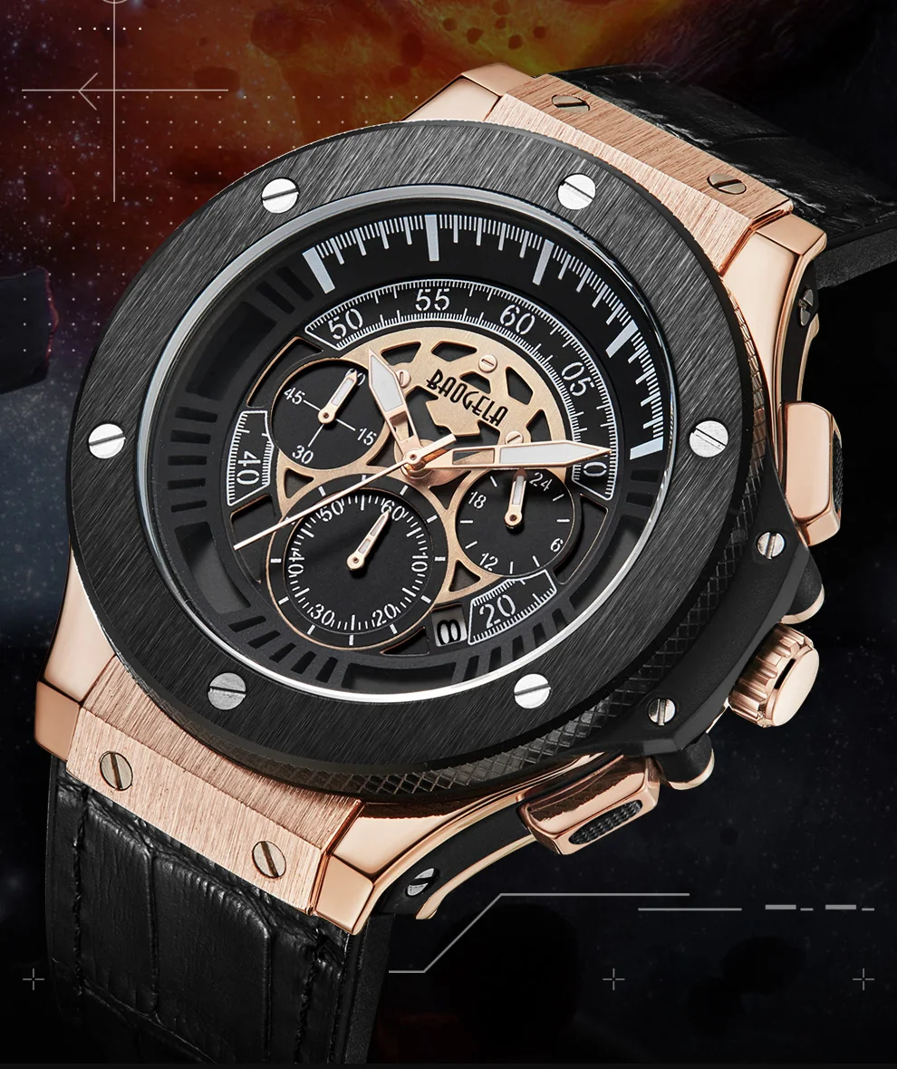 BAOGELA hommes montres hommes horloge de люкс, брендовый кварцевый спортивный montre Rose chronographe mode montre-браслет pour hommes1910