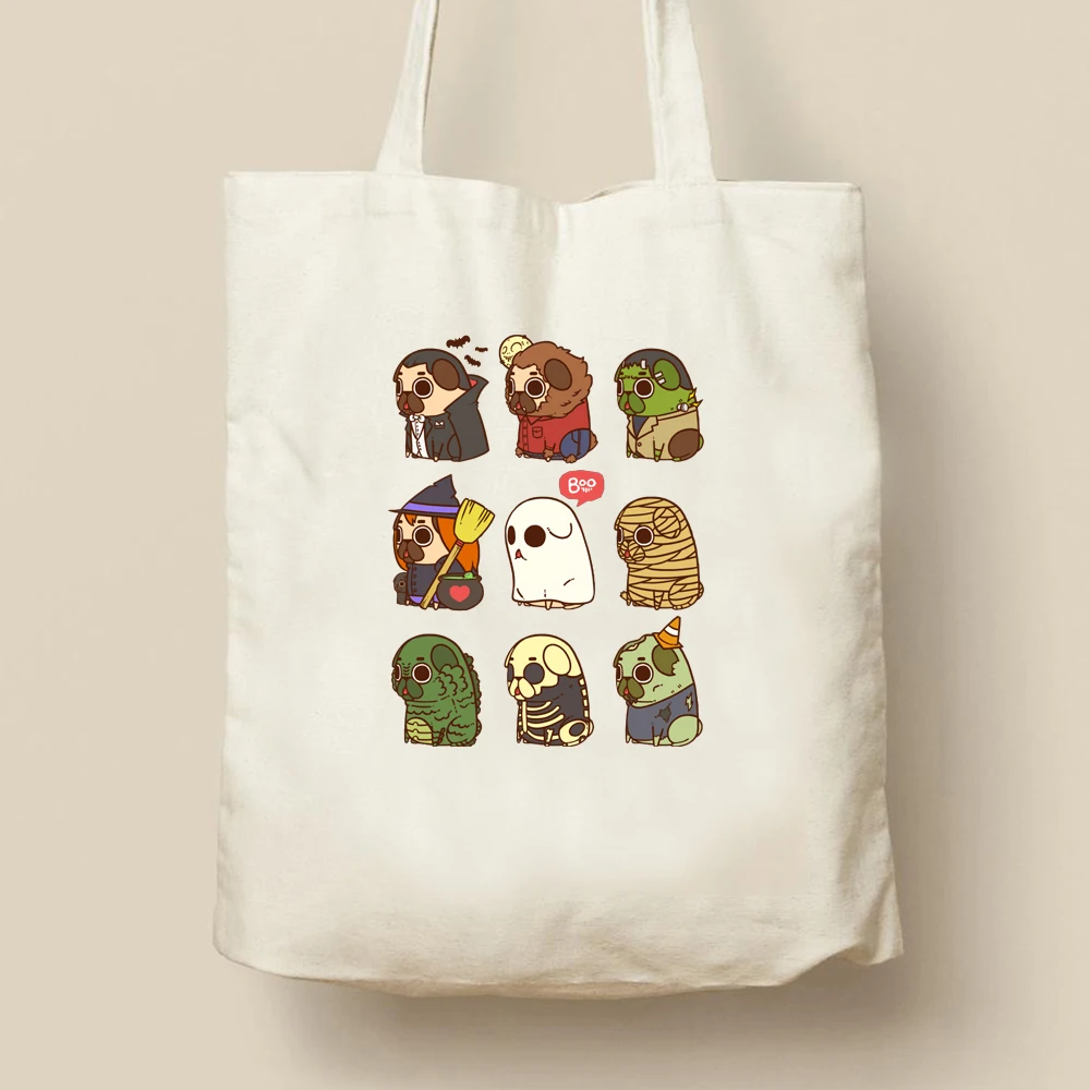 

Six Dark Halloween Puppies Tote Bag Halloween Puglie Handbag Environment Protection Shopping Bag Unique Design Canvas Bag