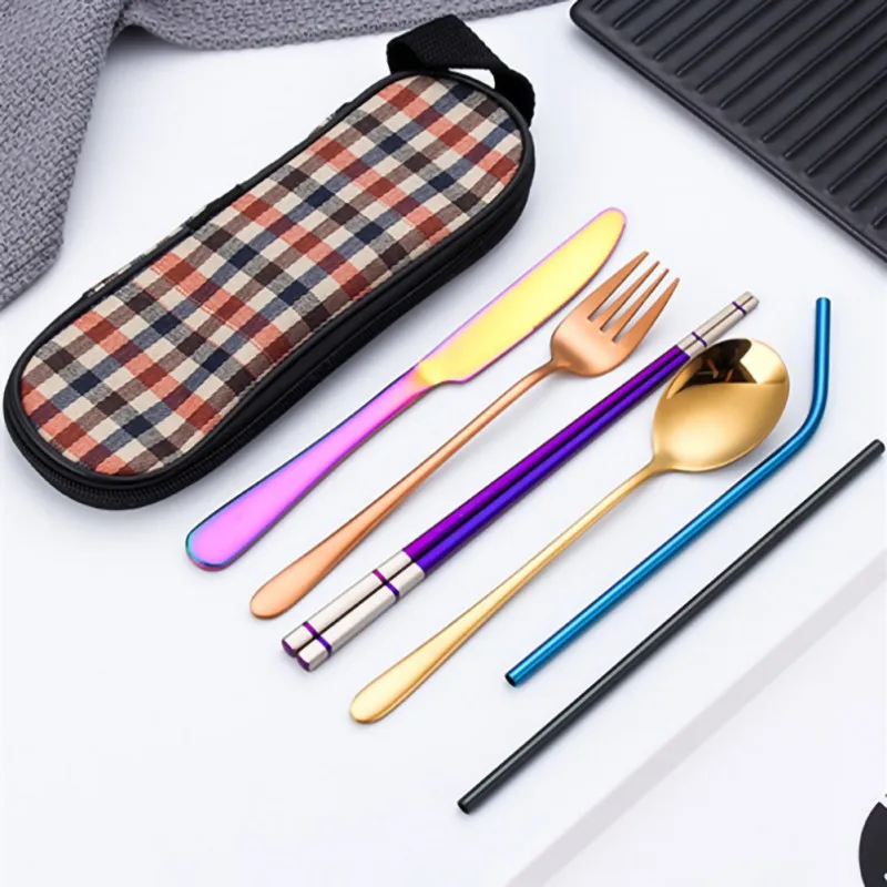 Stainless Steel Cutlery Set Plaid Holding Bag Portable Outdoor Picnic Tableware Fork Knife Spoon Chopsticks Straw Dinner Set