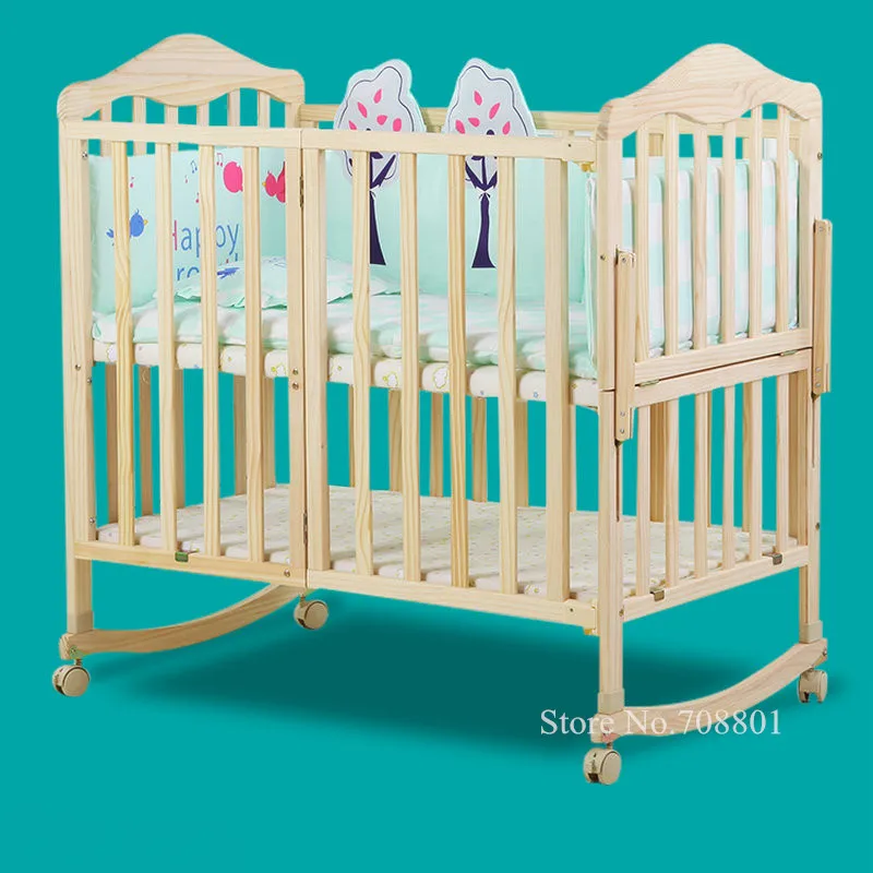 Pine Wood Baby Crib With 4 Wheels, Half Combine With Adult Bed, No Paint Baby Bed, Can Extend To 150cm Length Baby Cot