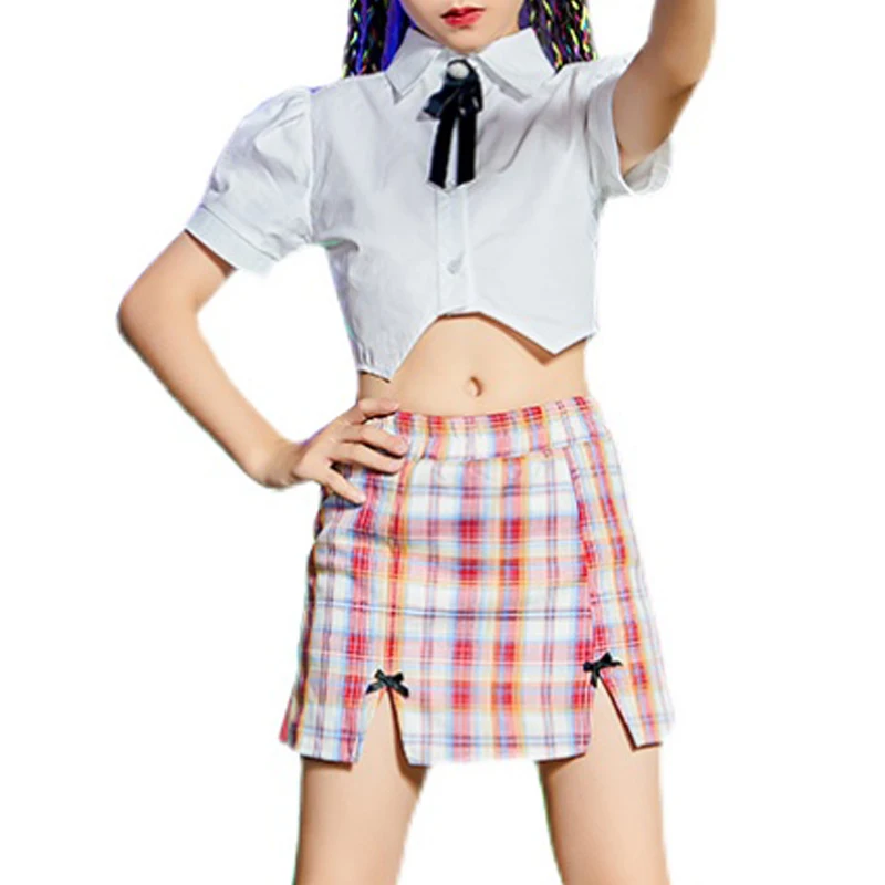 

Girls Jazz Dance Costume Children Cheerleader Lapel Shirt Plaid Skirt Uniform Suit Hip Hop Catwalk Fashion Summer Clothes WD0148