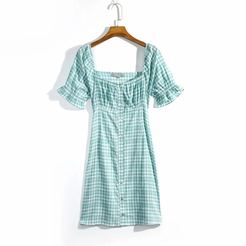 

EAYUCU 2020 Summer Sweet Plaid Mini Dress Women Slash Neck Short Sleeve Ruffle Buttons A-Line Female Cotton Dresses D428