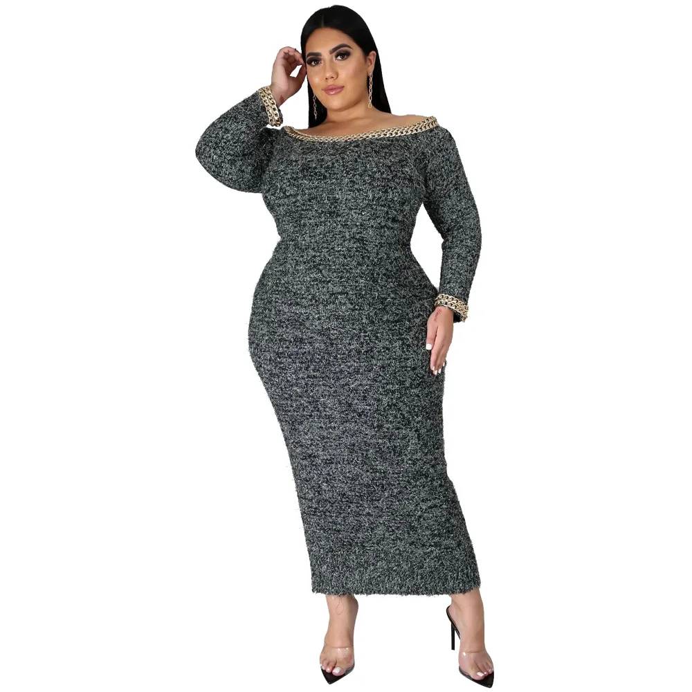 

Plus Size XL-5XL Sexy Party Club Maxi Vestidos Women Long Dress Off Shoulder Chain Patchwork Bodyocn Midi Long Dresses