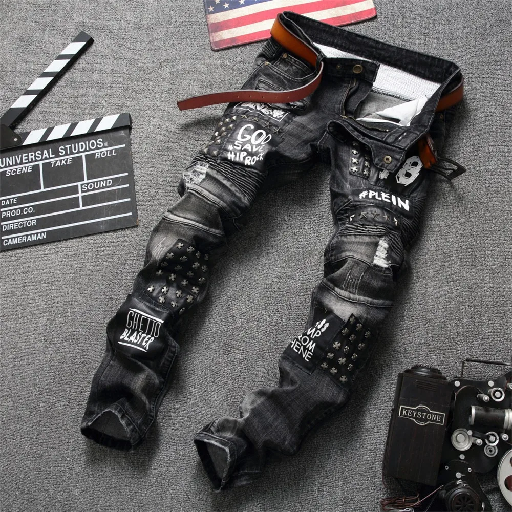 

2C Men's Jeans Hole Rivets Splicing Pleated Locomotive Pants custom logo print on product and package from 1pc dropship