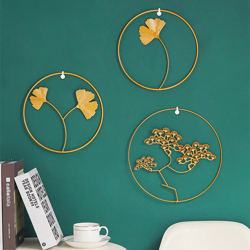 

Welcome Pine Golden Round Wall Hanging Nordic Light Luxury Modern Home Crafts Metal Leaf Living Room Background Wall Decoration
